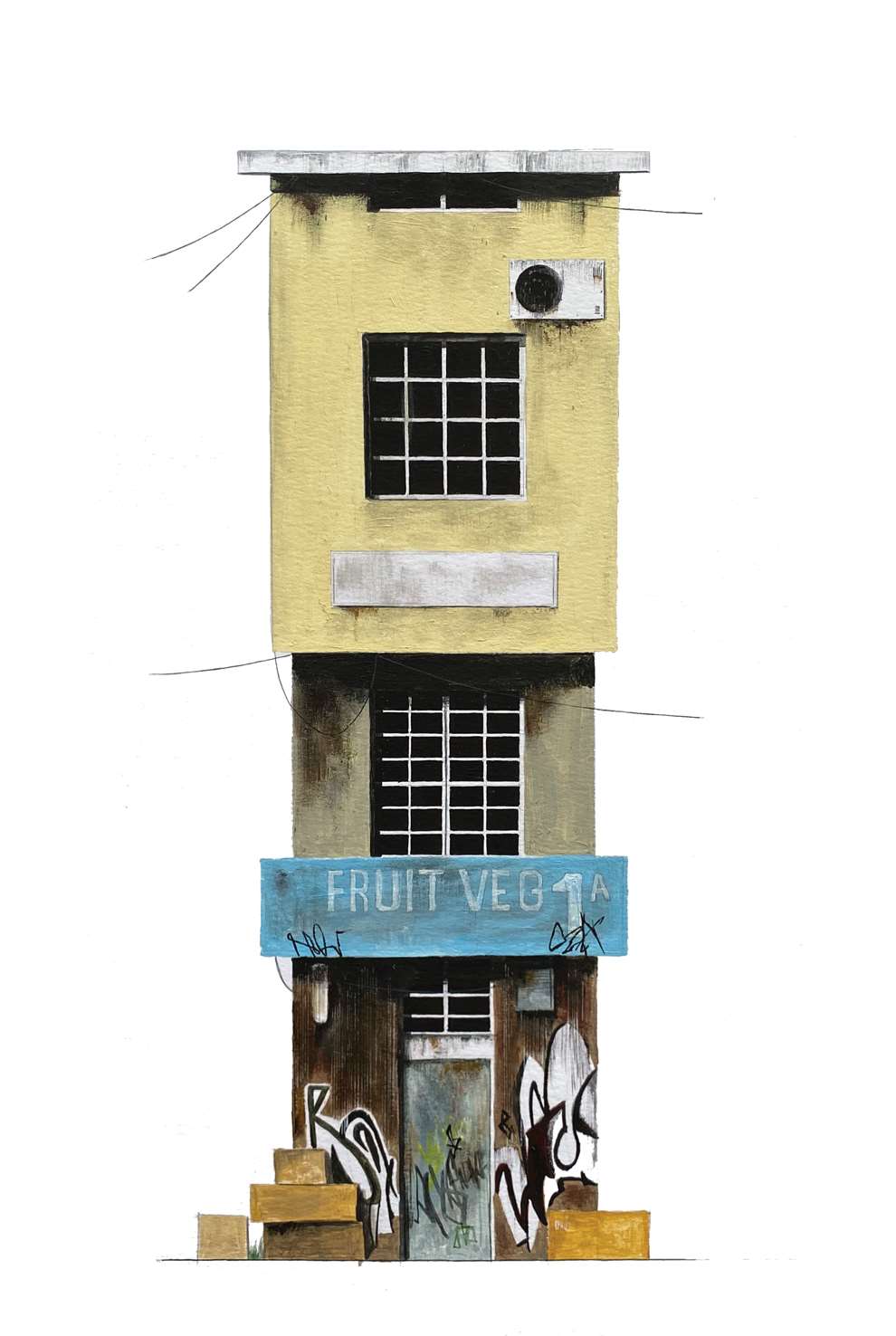 Nick Coupland, Mixed Media illustration of bleak architecture Pen and ink combined with collage and paint to create a striking bold image. 